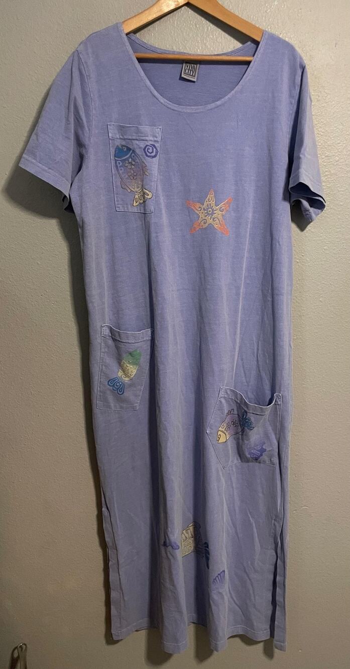 Vintage Viva City Dress Womens Large Blue Fish Ocean Nautical Maxi Beach 90s